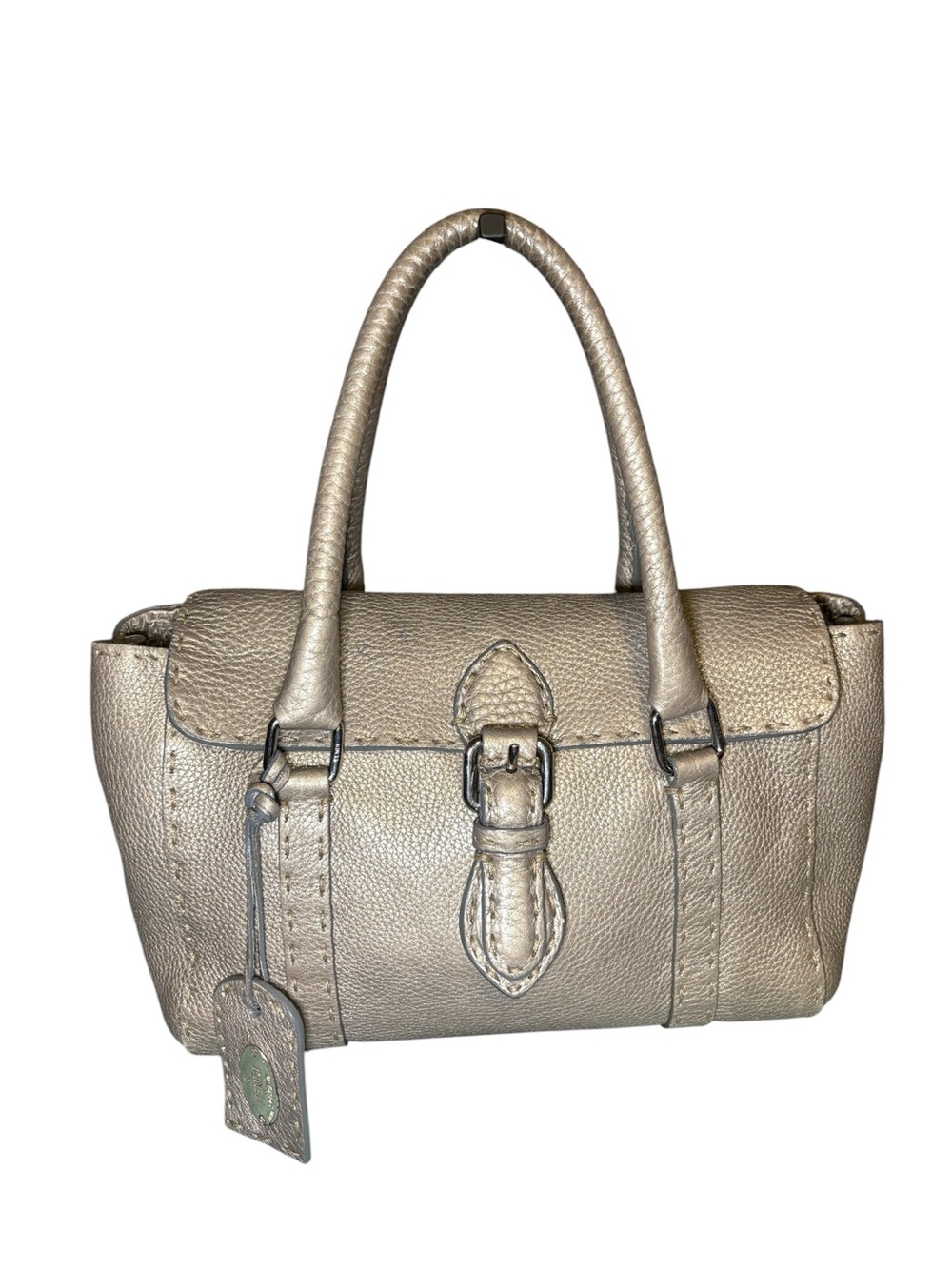 Fendi Selleria Metallic Champagne Gold Hand-Stitched Leather Satchel